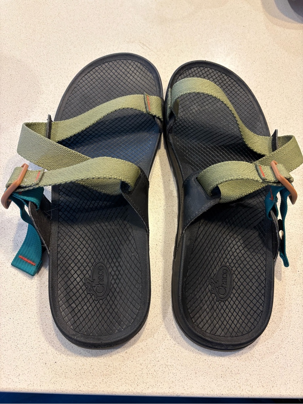 Chaco Black Sandals with Olive Straps and Teal Tabs men’s
